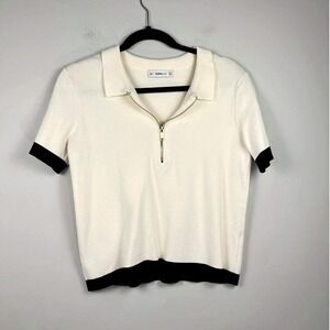 Zara Cream Black Contrast Trim Zip Polo Knit Top Short Sleeve Size M